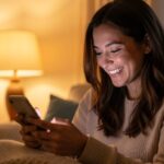Frau lächelt aufs Handy – Dating-Nachrichten die ankommen