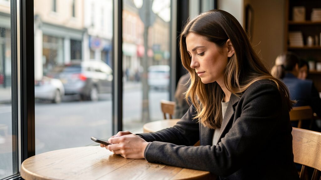 Frau sitzt im Café – Ghosting verarbeiten und loslassen