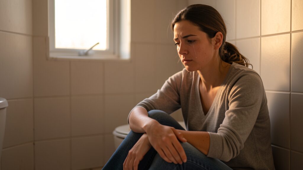 Frau auf Badezimmerboden – Trennungsschmerz und emotionale Heilung