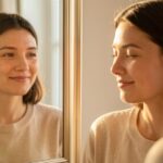Frau schaut liebevoll in den Spiegel – Selbstbild und Selbstliebe