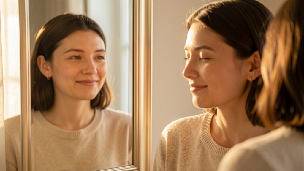 Frau schaut liebevoll in den Spiegel – Selbstbild und Selbstliebe