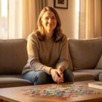Frau auf Sofa mit Puzzle – aufhören an Ex zu denken