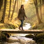 Frau auf Brücke im Wald – Beziehungsangst überwinden