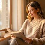 Frau allein mit Buch und Tee am Fenster – Dating-Pause und Selbstfindung