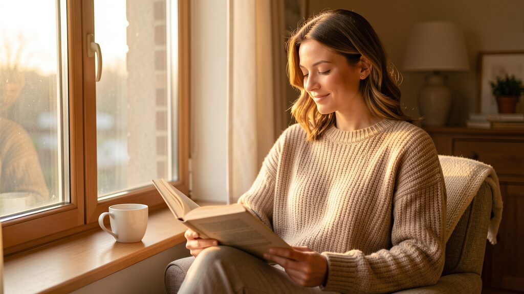 Frau allein mit Buch und Tee am Fenster – Dating-Pause und Selbstfindung