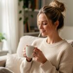 Frau mit Kaffeetasse im Morgenlicht – echte Selbstliebe statt Schaumbad