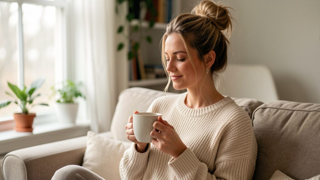 Frau mit Kaffeetasse im Morgenlicht – echte Selbstliebe statt Schaumbad