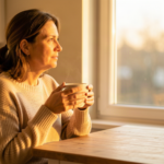 Nachdenkliche Frau am Fenster mit Tee in warmem Abendlicht, Beziehung ohne Status und emotionale Klarheit