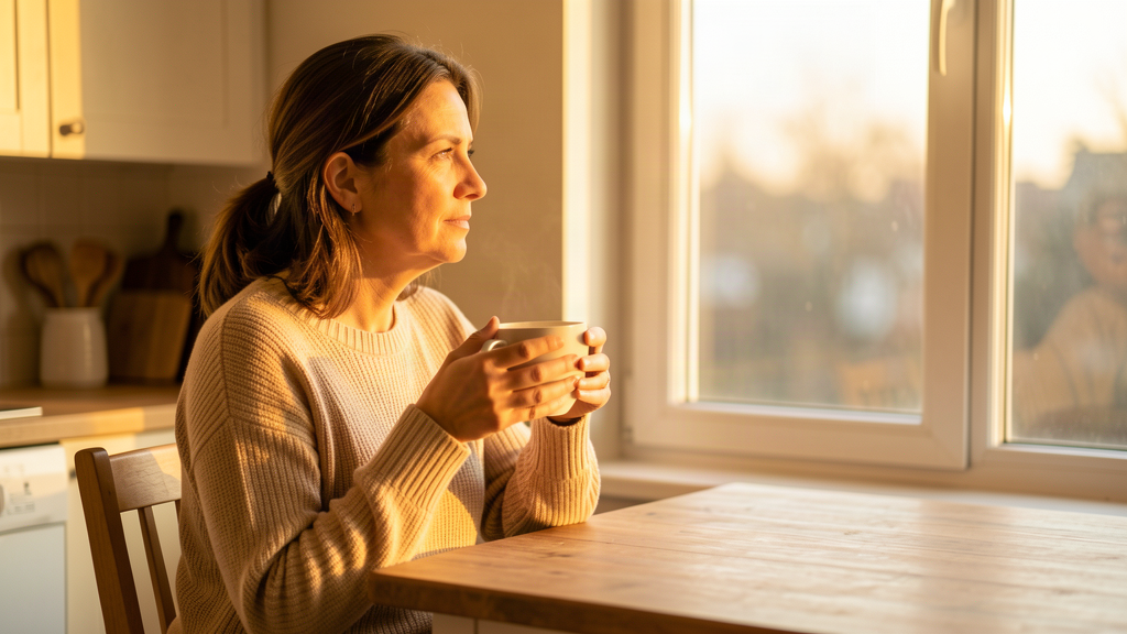 Nachdenkliche Frau am Fenster mit Tee in warmem Abendlicht, Beziehung ohne Status und emotionale Klarheit